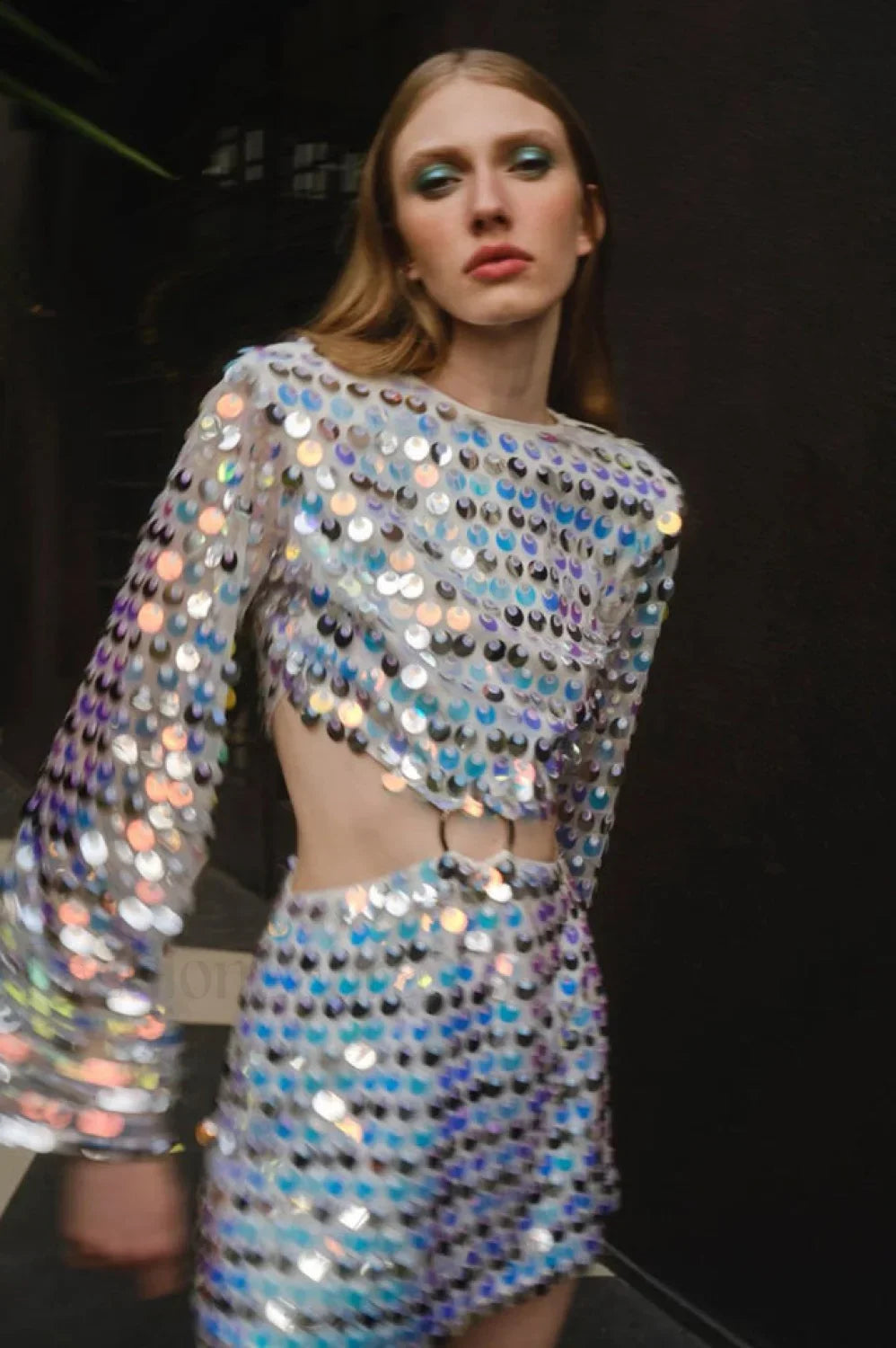 Mirror-Embellished Elegant Cutout Dress