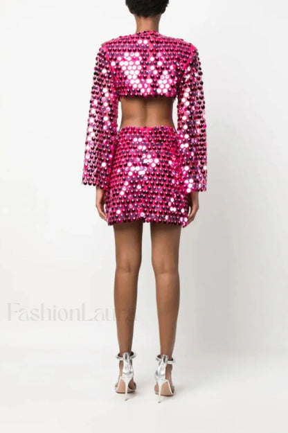Mirror-Embellished Elegant Cutout Dress