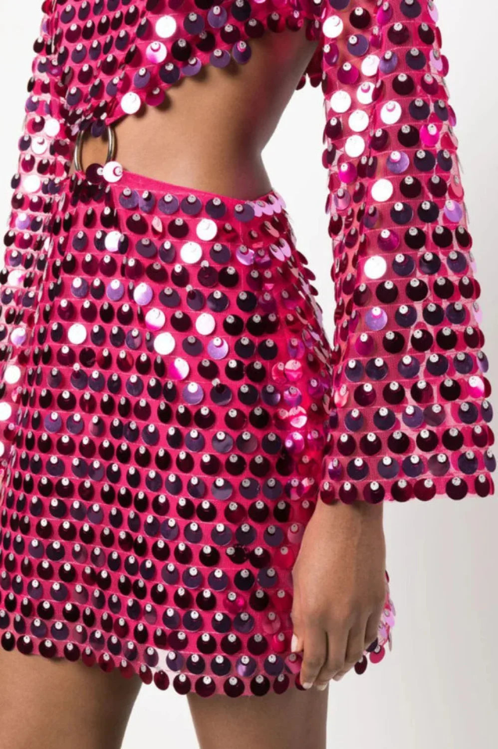 Mirror-Embellished Elegant Cutout Dress