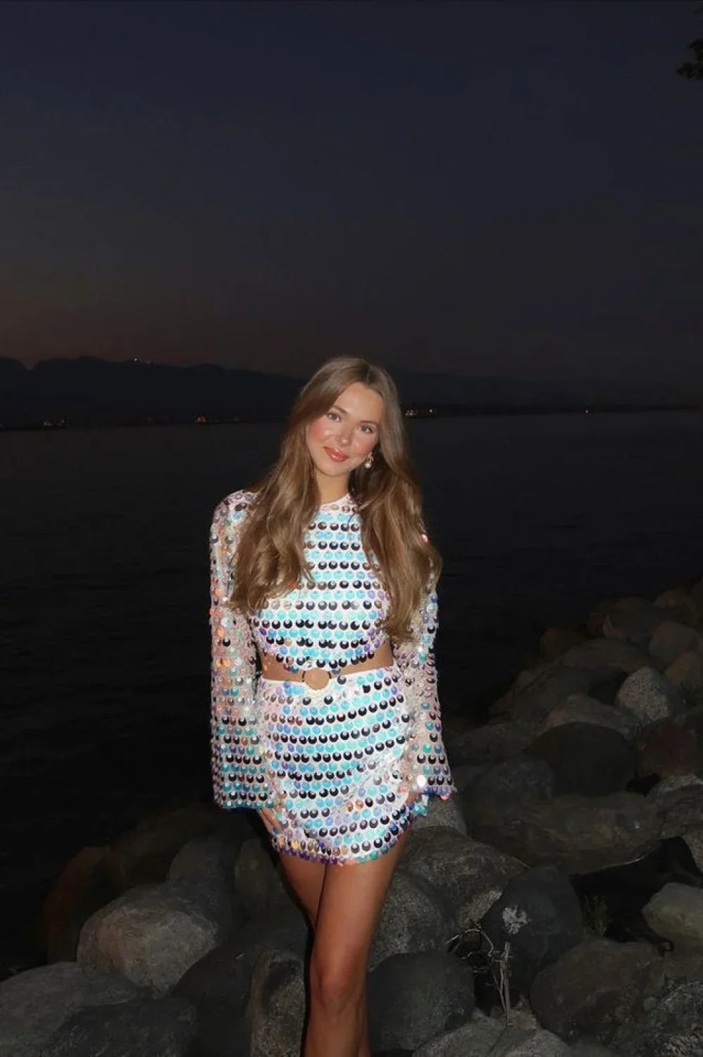 Mirror-Embellished Elegant Cutout Dress