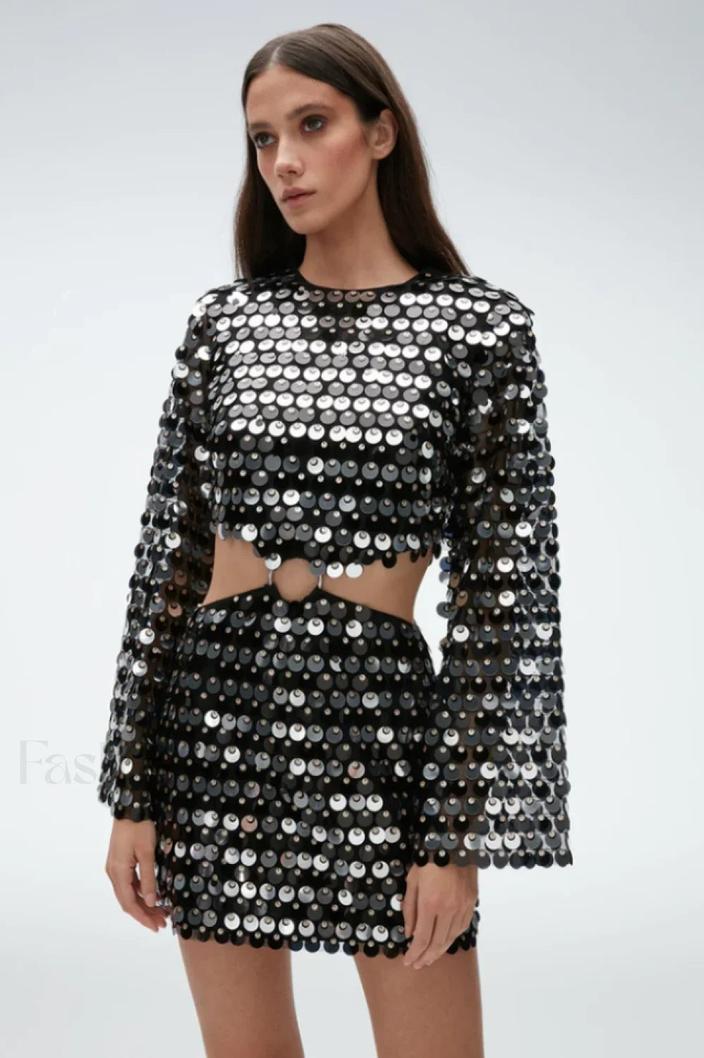 Mirror-Embellished Elegant Cutout Dress