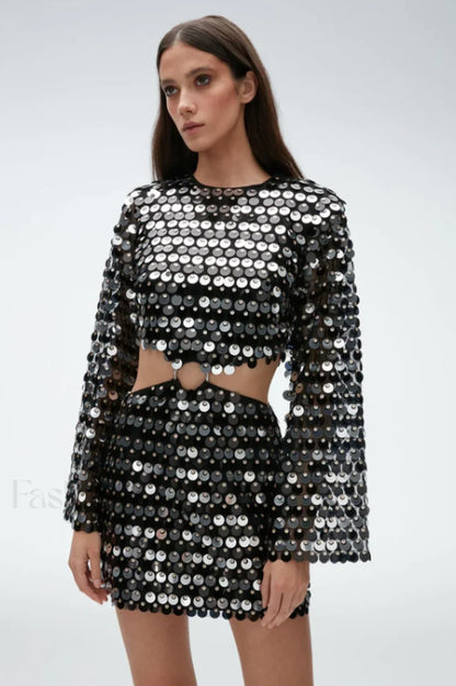 Mirror-Embellished Elegant Cutout Dress