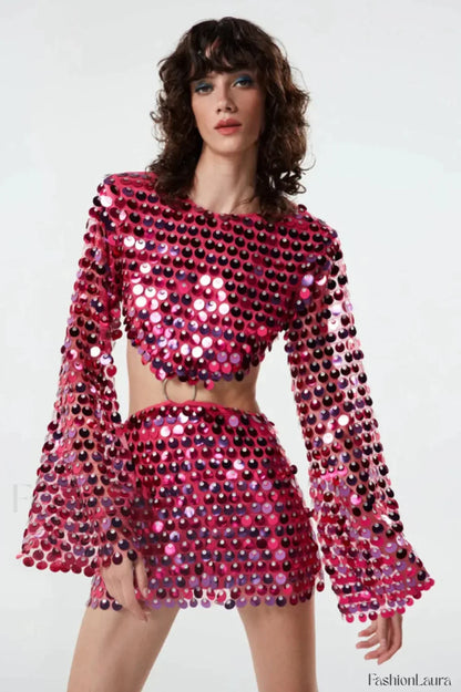Mirror-Embellished Elegant Cutout Dress