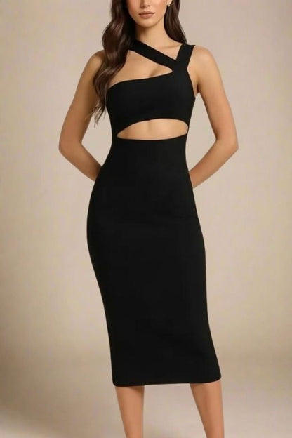 Classic Black One Shoulder Cut Out Waist Cut Out Bandage Midi Dress