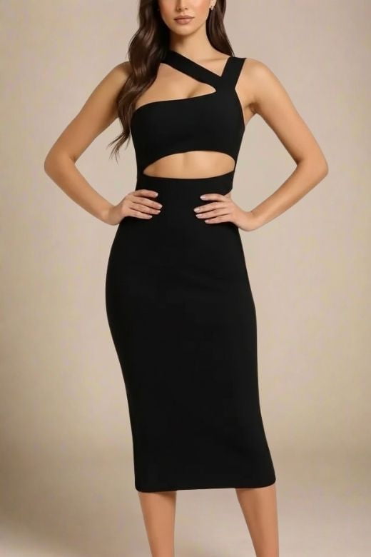 Classic Black One Shoulder Cut Out Waist Cut Out Bandage Midi Dress