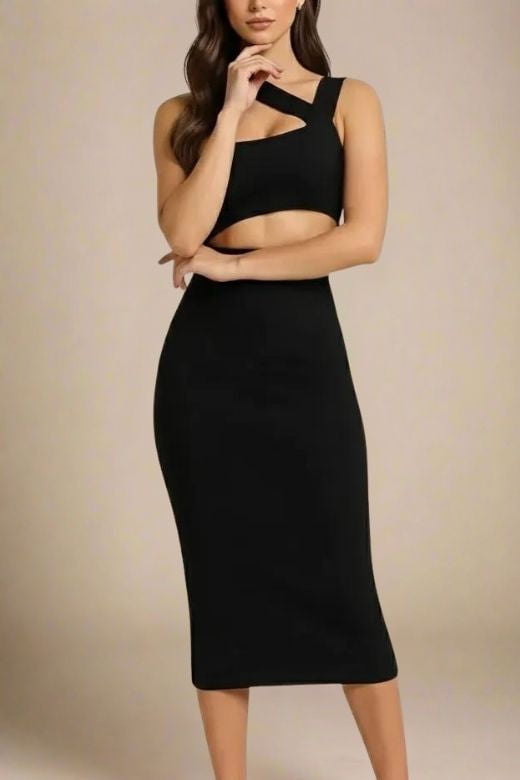 Classic Black One Shoulder Cut Out Waist Cut Out Bandage Midi Dress