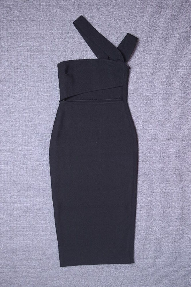 Classic Black One Shoulder Cut Out Waist Cut Out Bandage Midi Dress