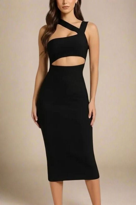 Classic Black One Shoulder Cut Out Waist Cut Out Bandage Midi Dress