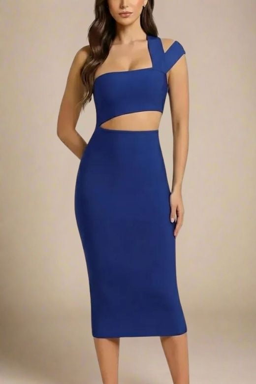 Navy Blue One Shoulder Cut Out Waist Cut Out Bandage Midi Dress