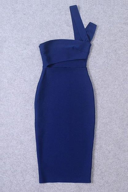 Navy Blue One Shoulder Cut Out Waist Cut Out Bandage Midi Dress