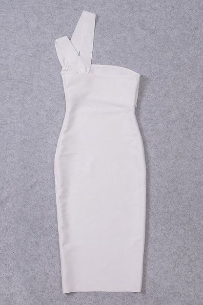 Pearl White One Shoulder Cut Out Waist Cut Out Bandage Midi Dress