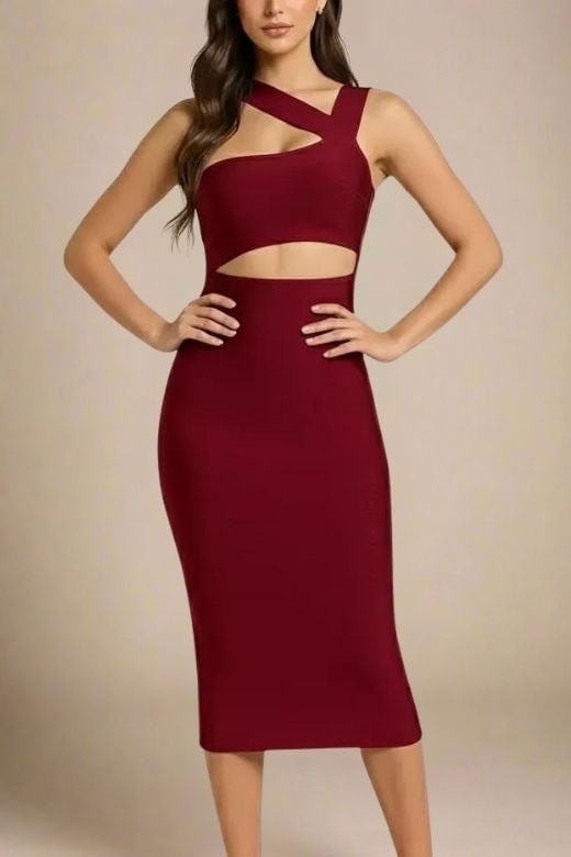 Red Wine One Shoulder Cut Out Waist Cut Out Bandage Midi Dress