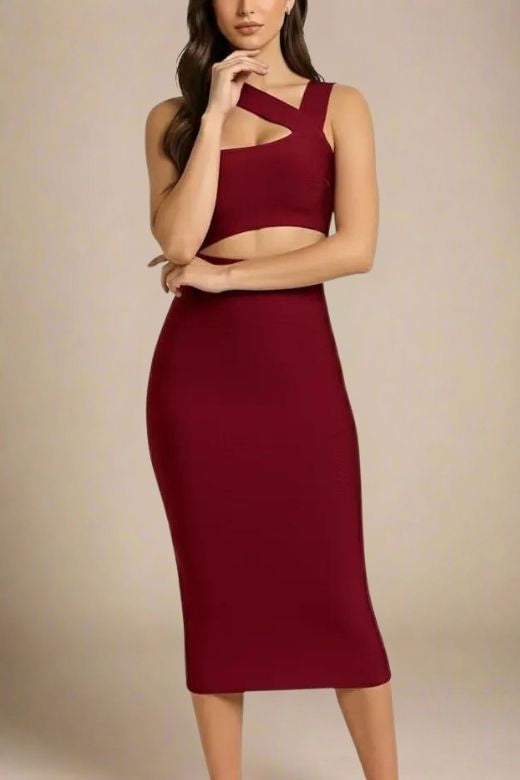 Red Wine One Shoulder Cut Out Waist Cut Out Bandage Midi Dress