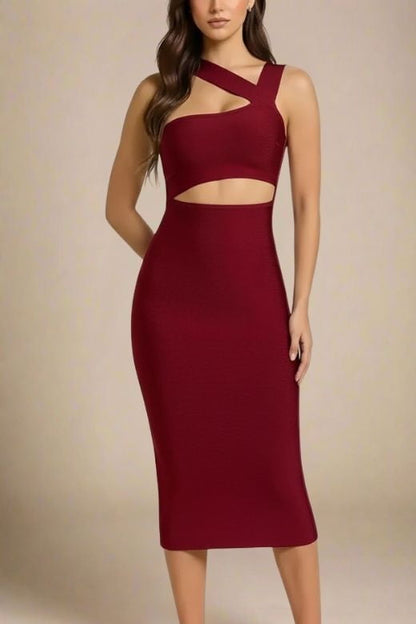 Red Wine One Shoulder Cut Out Waist Cut Out Bandage Midi Dress