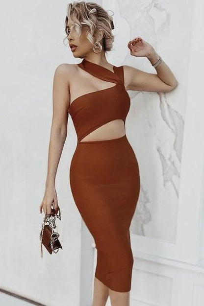 Red Wine One Shoulder Cut Out Waist Cut Out Bandage Midi Dress