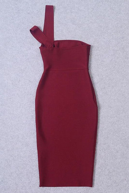 Red Wine One Shoulder Cut Out Waist Cut Out Bandage Midi Dress