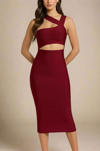 Red Wine One Shoulder Cut Out Waist Cut Out Bandage Midi Dress