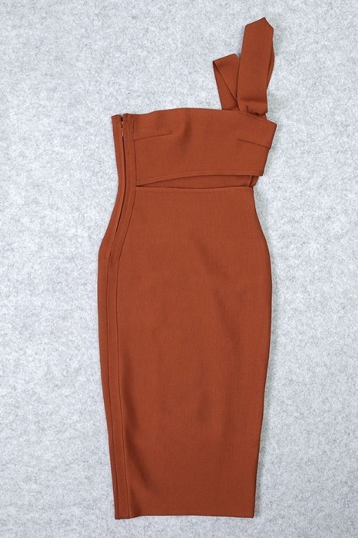 Tan Brown One Shoulder Cut Out Waist Cut Out Bandage Midi Dress