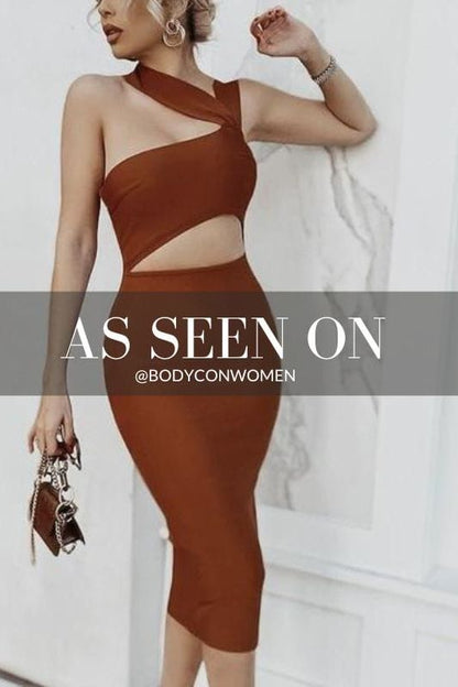 Tan Brown One Shoulder Cut Out Waist Cut Out Bandage Midi Dress