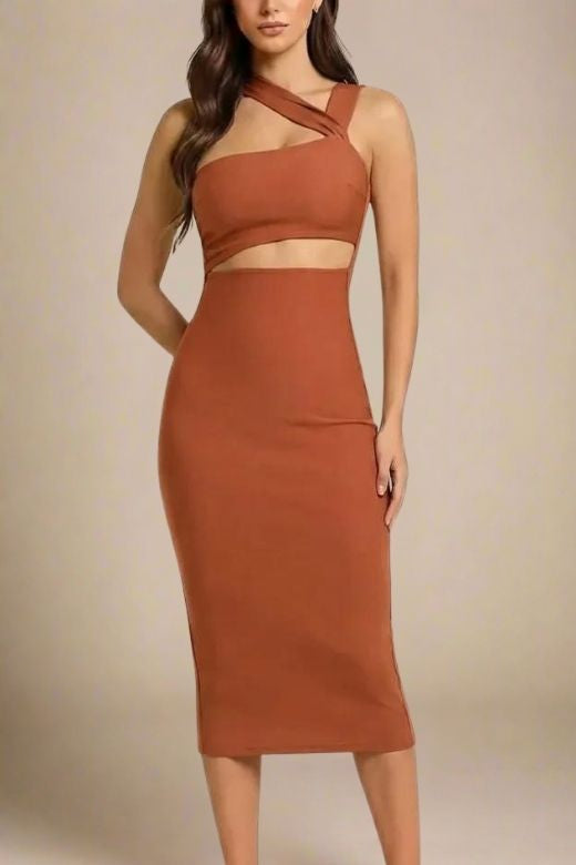 Tan Brown One Shoulder Cut Out Waist Cut Out Bandage Midi Dress