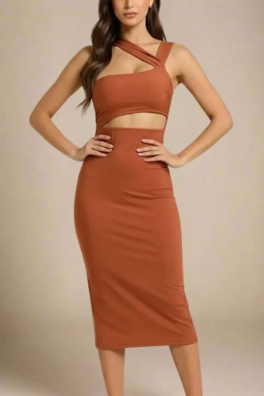 Tan Brown One Shoulder Cut Out Waist Cut Out Bandage Midi Dress