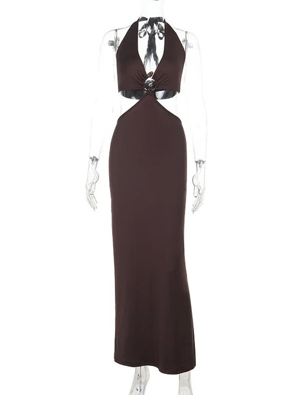 Brown Halter Neck Deep V-Neck Ring Waist Cut Out Bodycon Maxi Dress
