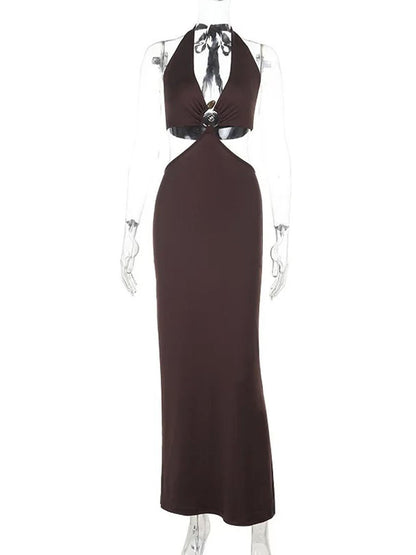 Brown Halter Neck Deep V-Neck Ring Waist Cut Out Bodycon Maxi Dress