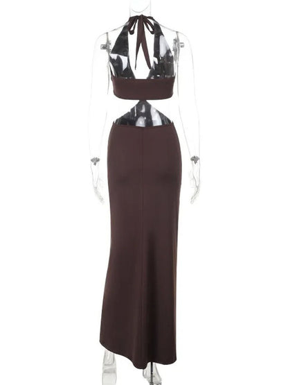 Brown Halter Neck Deep V-Neck Ring Waist Cut Out Bodycon Maxi Dress