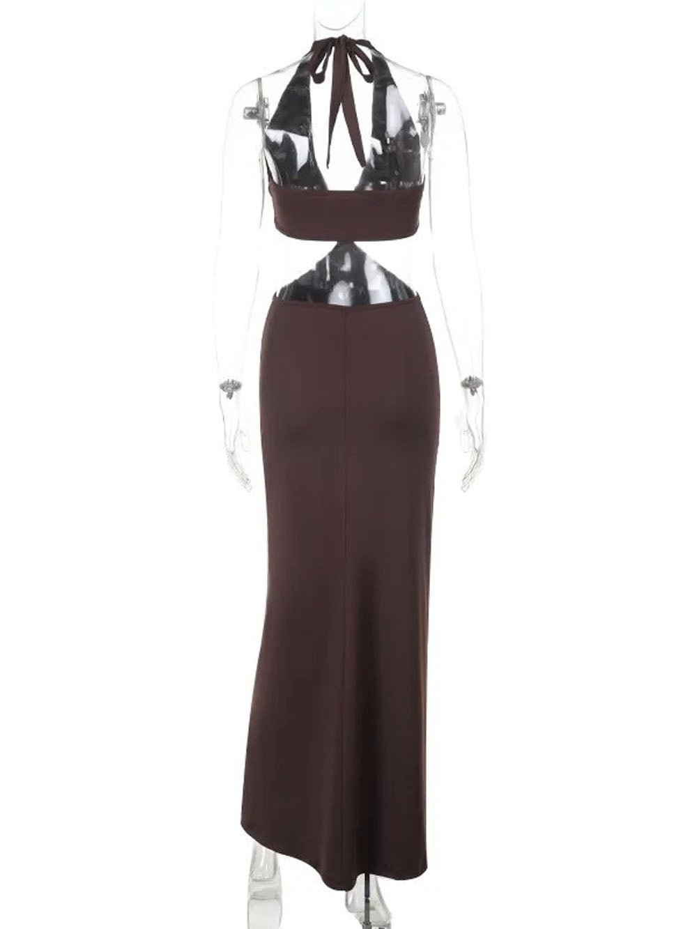 Brown Halter Neck Deep V-Neck Ring Waist Cut Out Bodycon Maxi Dress
