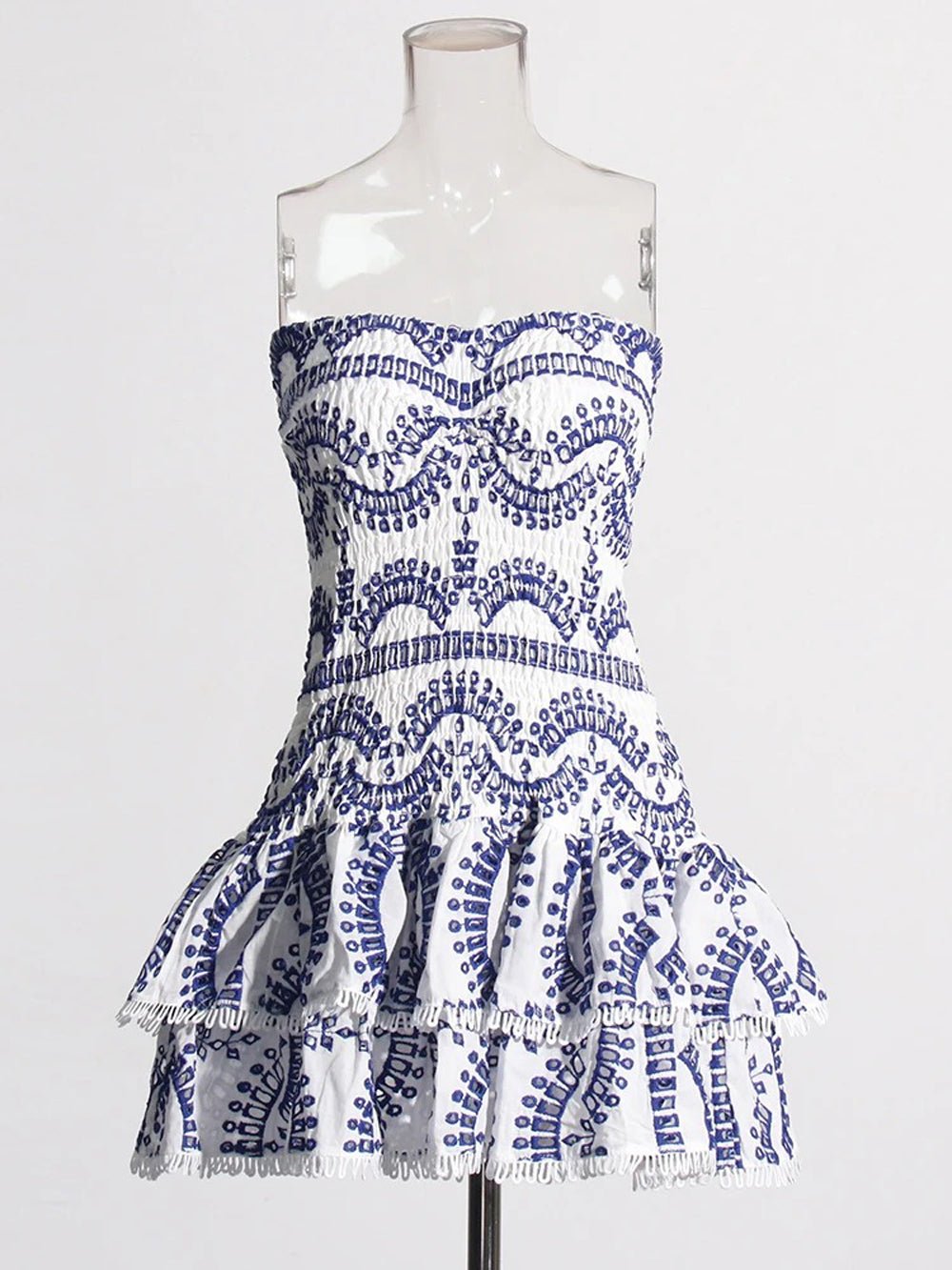 Eyelet Embroidery Smocked Tiered Ruffle Strapless Mini Dress