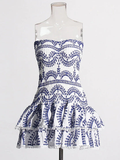 Eyelet Embroidery Smocked Tiered Ruffle Strapless Mini Dress