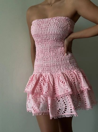 Eyelet Embroidery Smocked Tiered Ruffle Strapless Mini Dress
