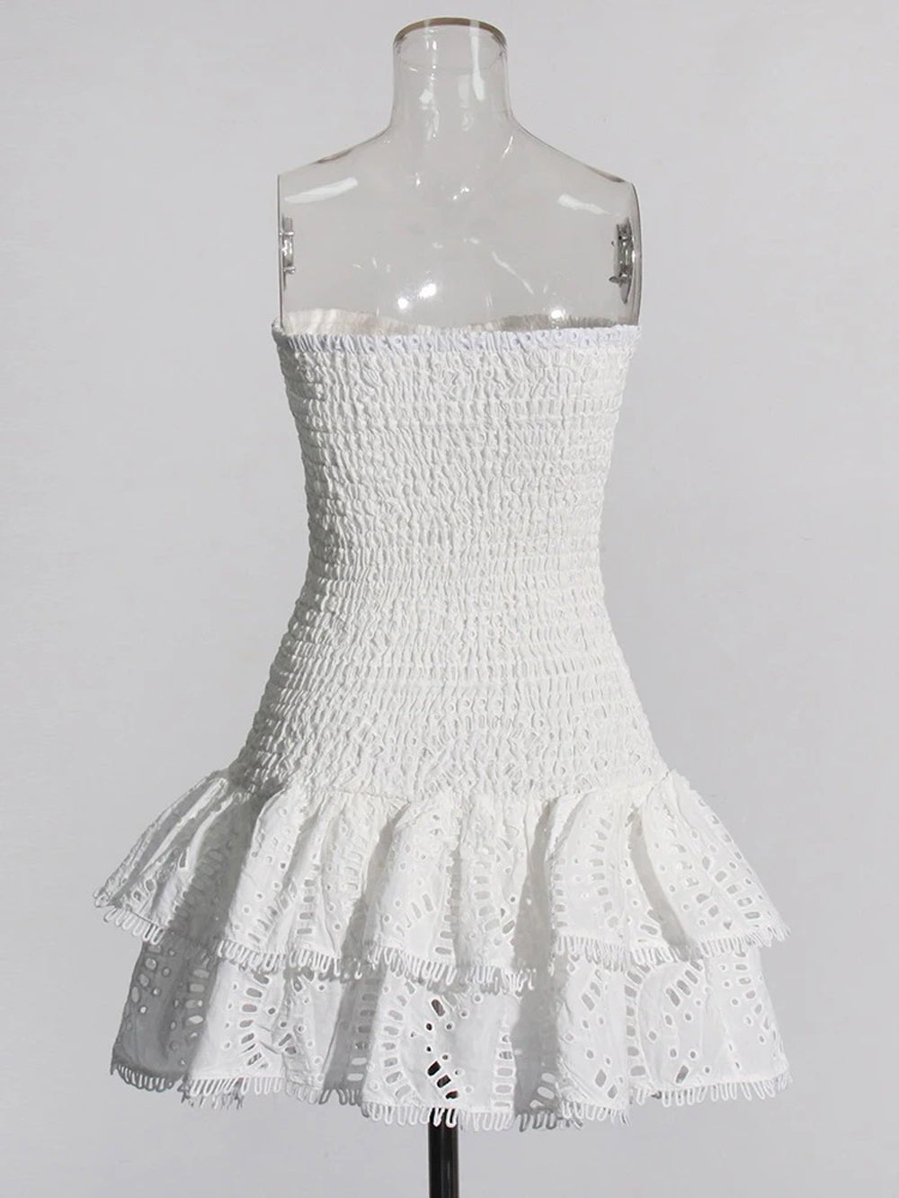 Eyelet Embroidery Smocked Tiered Ruffle Strapless Mini Dress
