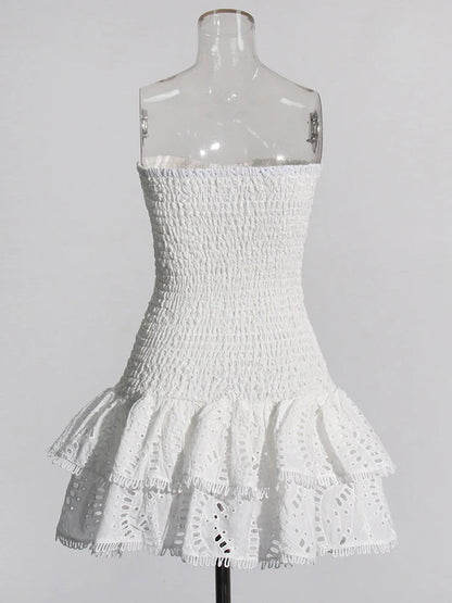 Eyelet Embroidery Smocked Tiered Ruffle Strapless Mini Dress