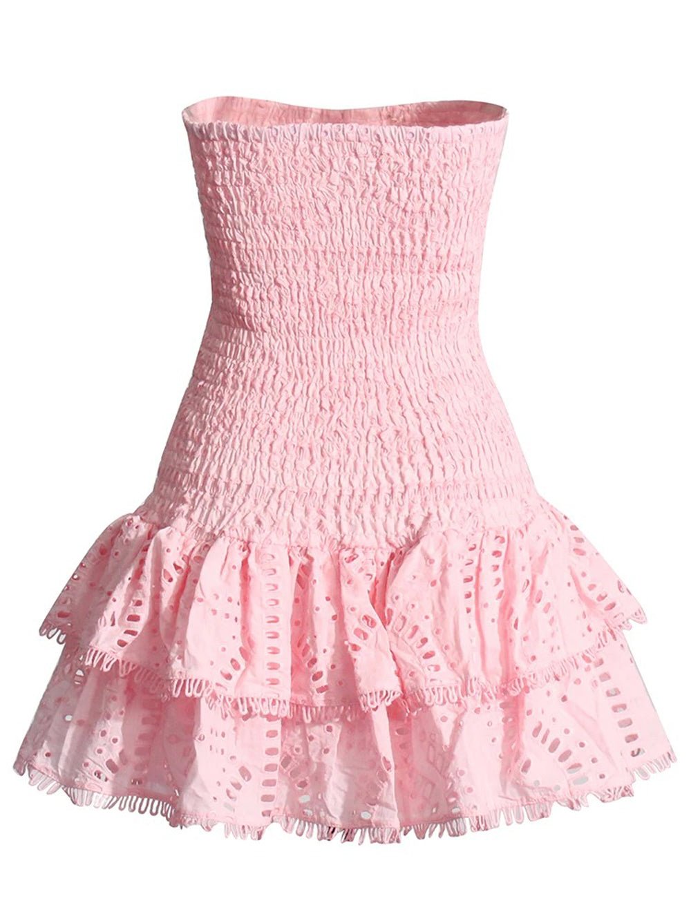 Eyelet Embroidery Smocked Tiered Ruffle Strapless Mini Dress