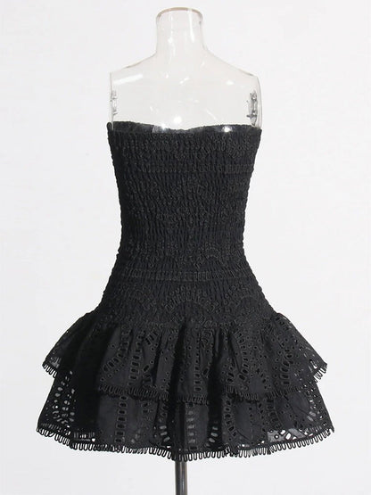 Eyelet Embroidery Smocked Tiered Ruffle Strapless Mini Dress
