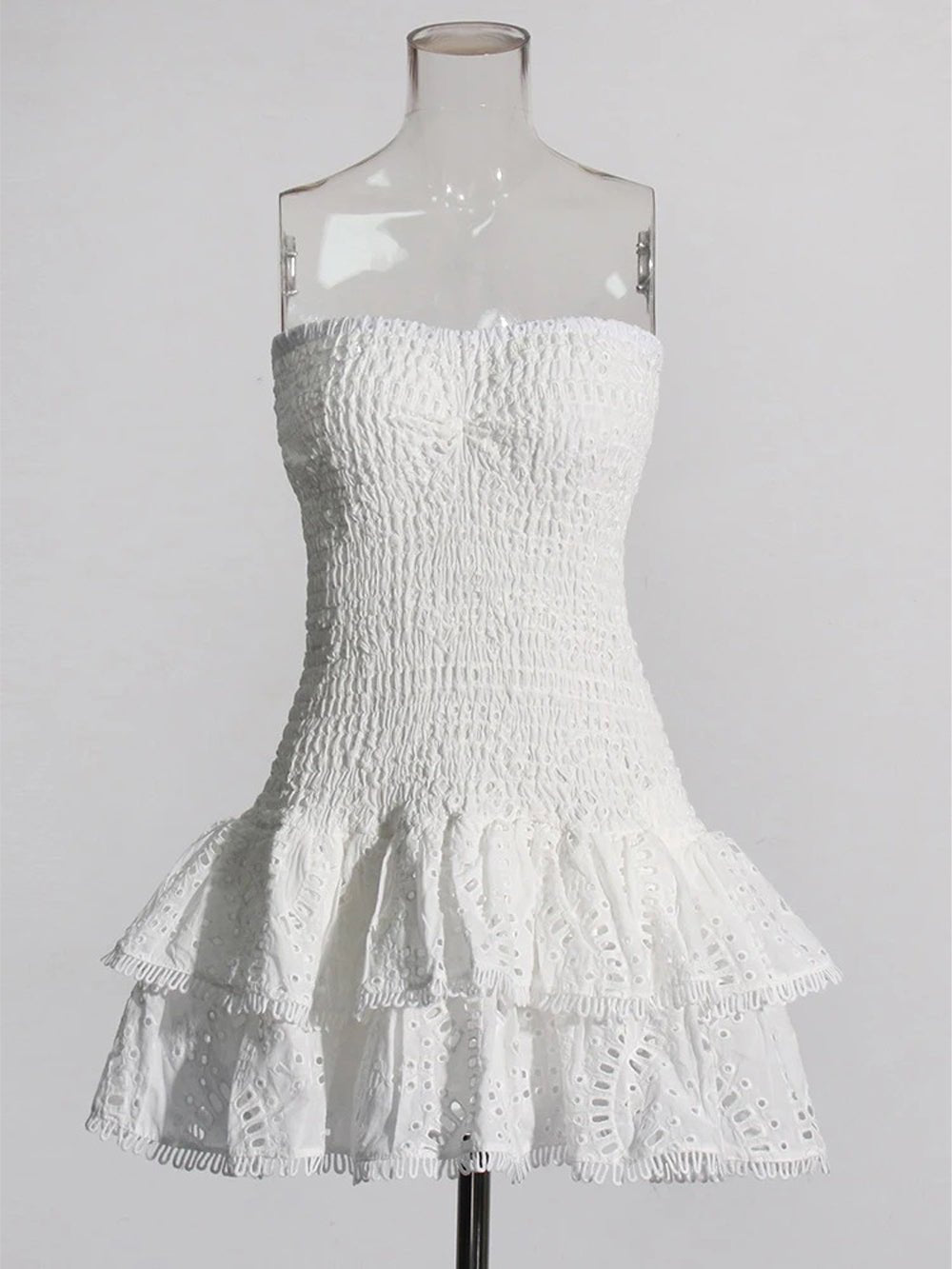 Eyelet Embroidery Smocked Tiered Ruffle Strapless Mini Dress