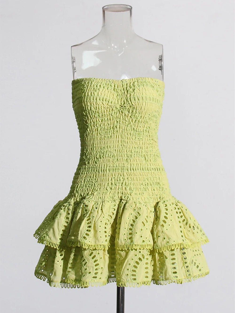 Eyelet Embroidery Smocked Tiered Ruffle Strapless Mini Dress