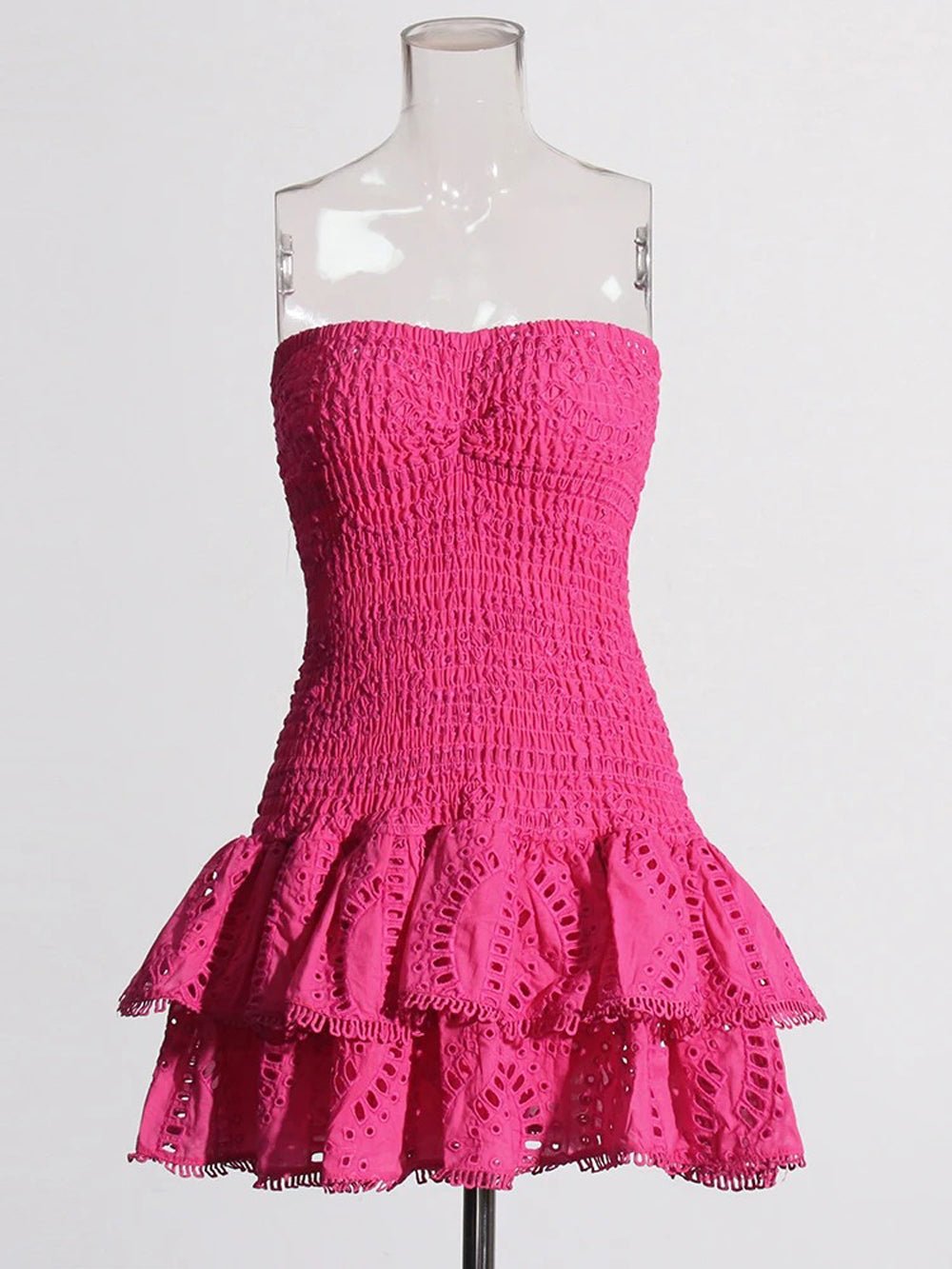 Eyelet Embroidery Smocked Tiered Ruffle Strapless Mini Dress
