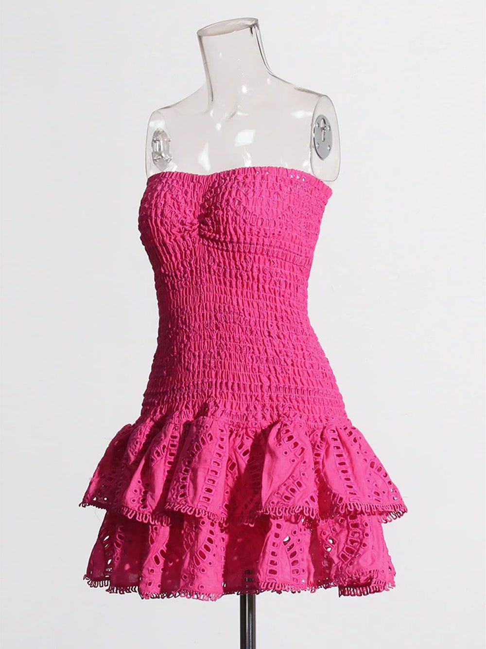 Eyelet Embroidery Smocked Tiered Ruffle Strapless Mini Dress