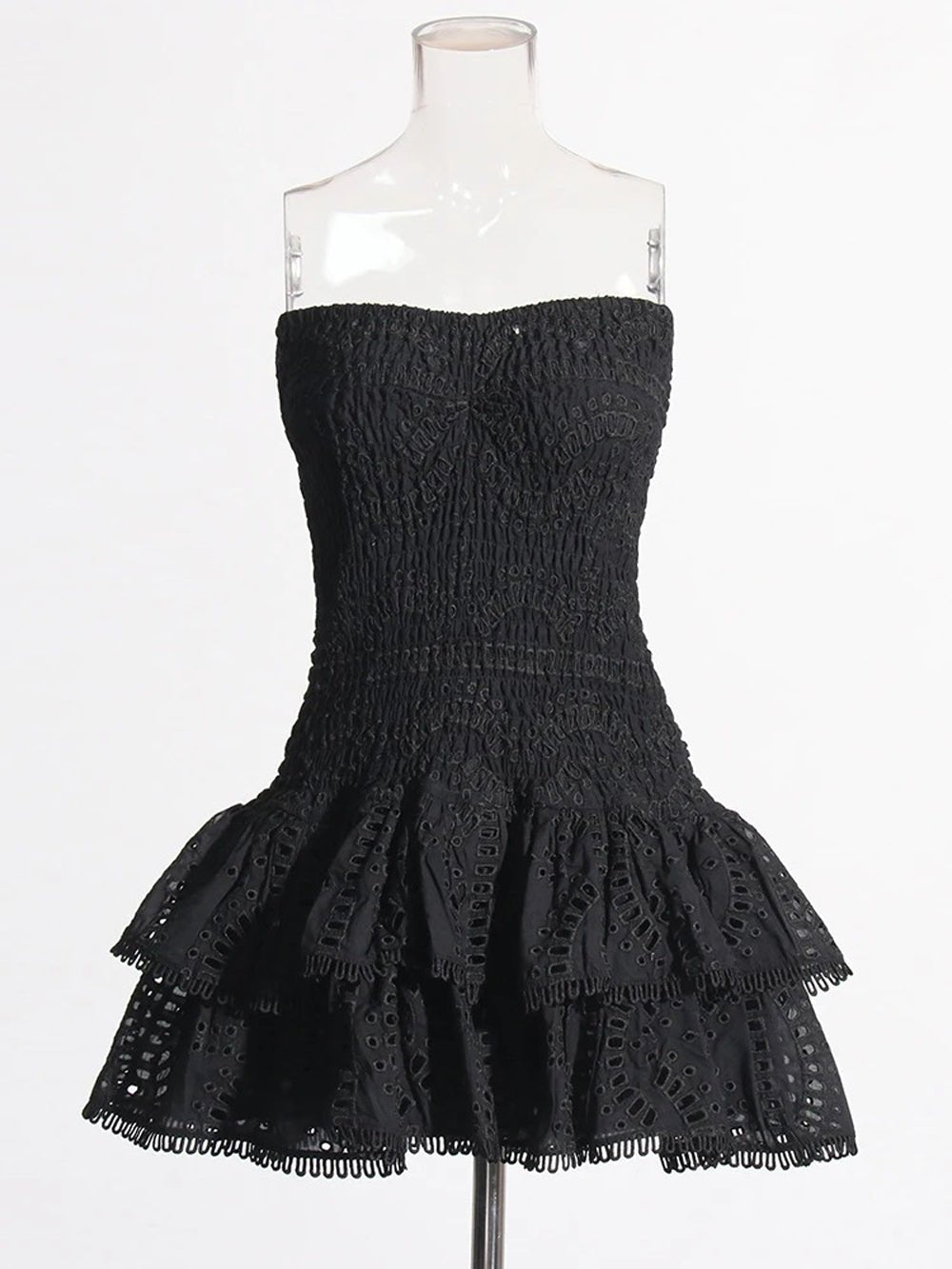 Eyelet Embroidery Smocked Tiered Ruffle Strapless Mini Dress