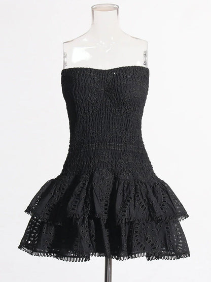 Eyelet Embroidery Smocked Tiered Ruffle Strapless Mini Dress