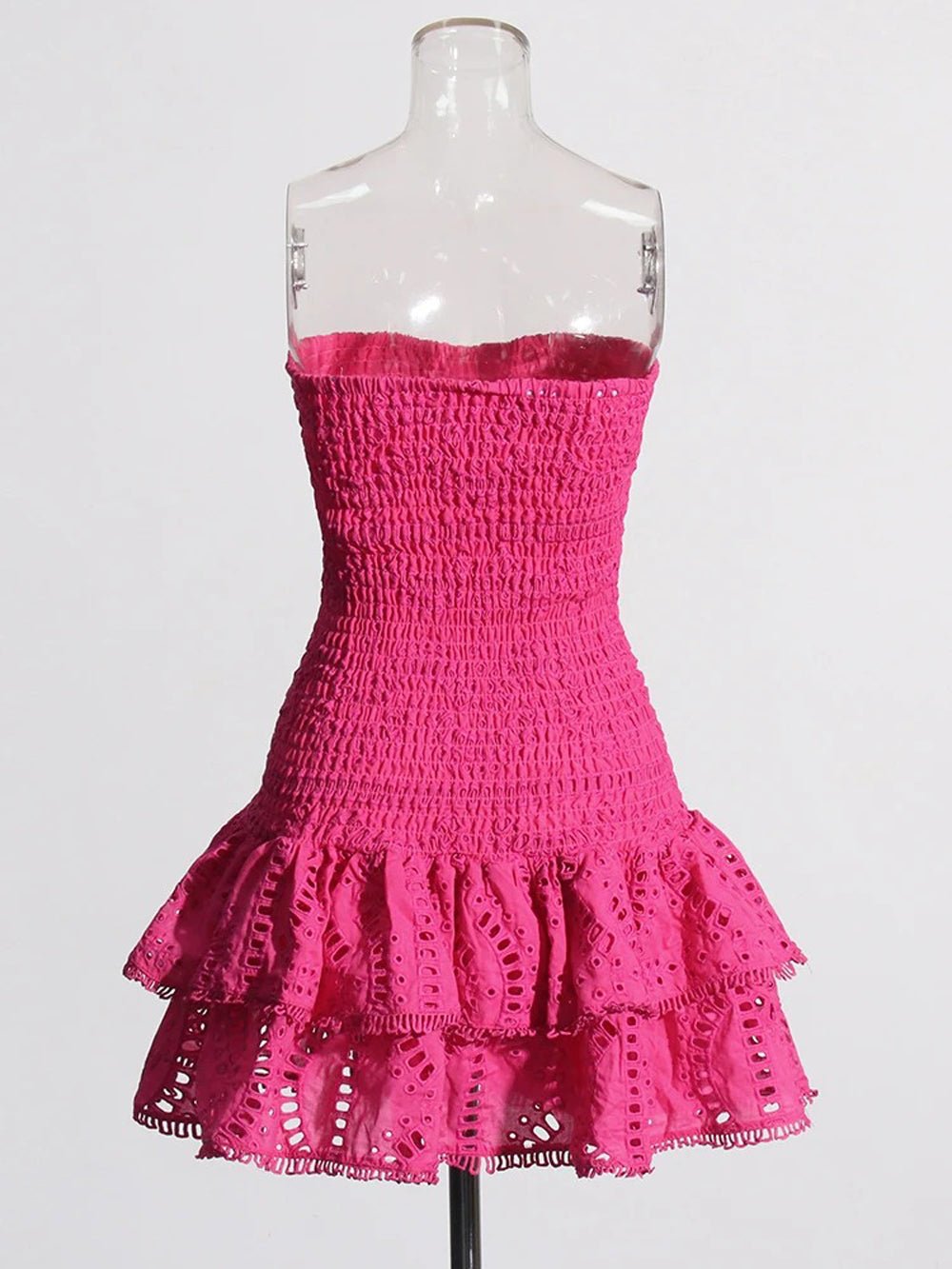 Eyelet Embroidery Smocked Tiered Ruffle Strapless Mini Dress