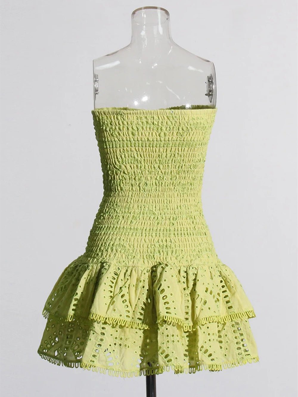 Eyelet Embroidery Smocked Tiered Ruffle Strapless Mini Dress