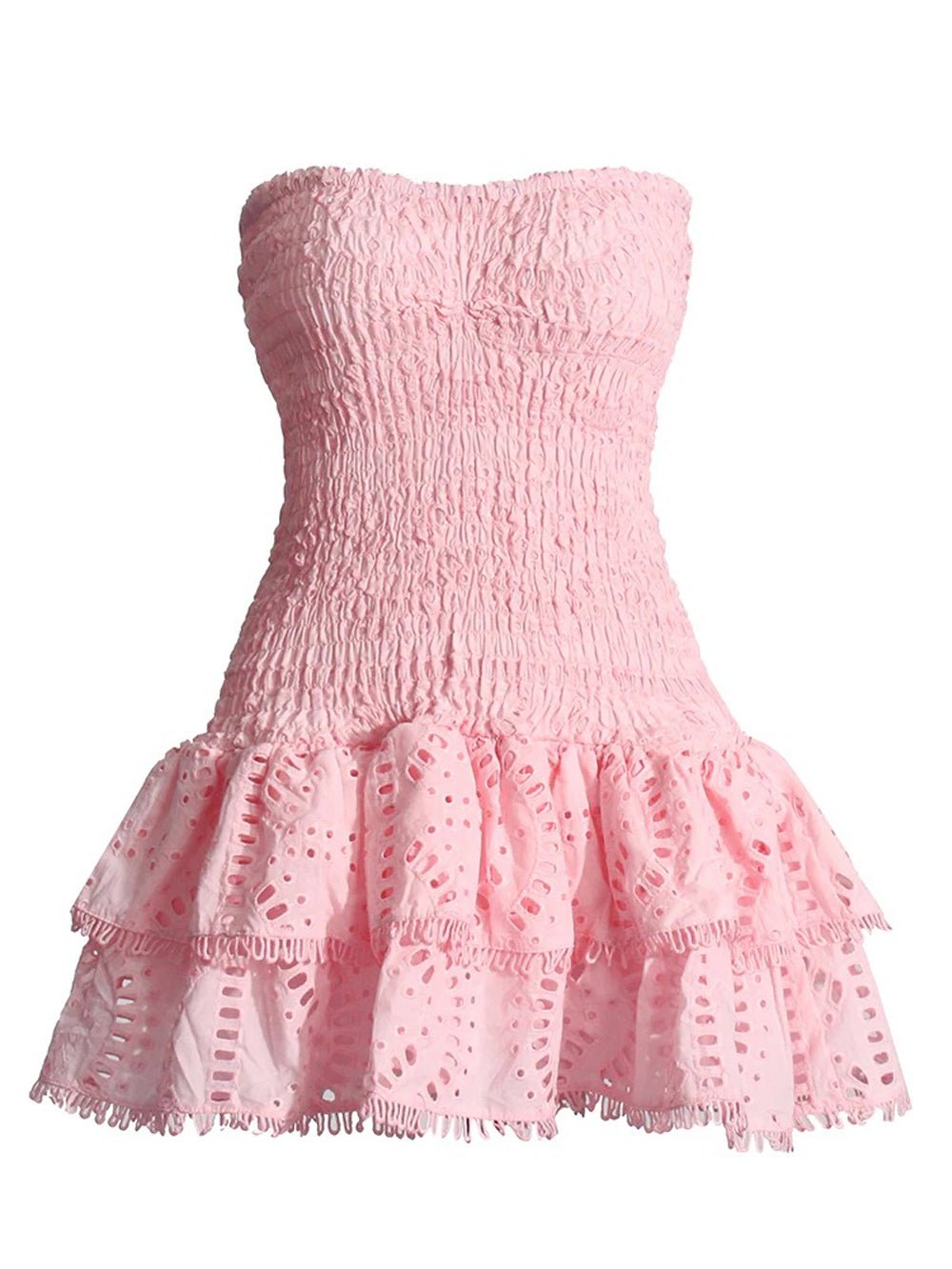 Eyelet Embroidery Smocked Tiered Ruffle Strapless Mini Dress