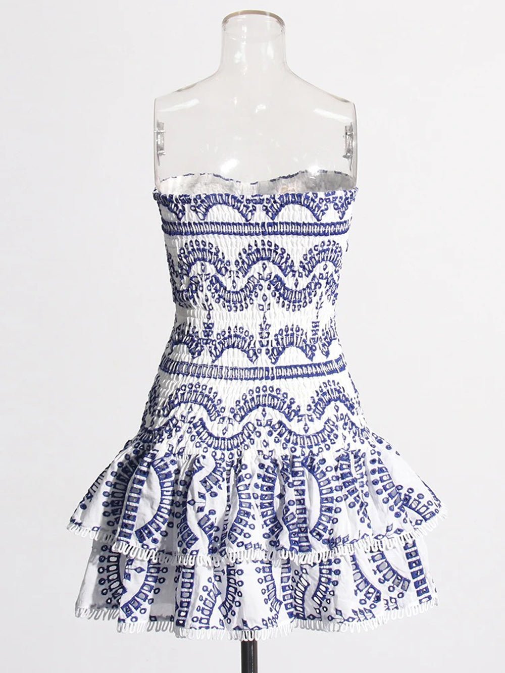 Eyelet Embroidery Smocked Tiered Ruffle Strapless Mini Dress