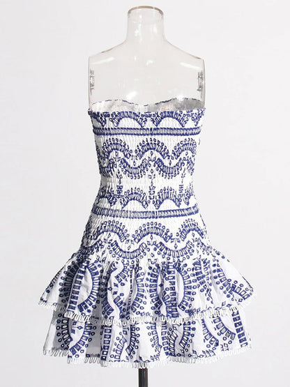 Eyelet Embroidery Smocked Tiered Ruffle Strapless Mini Dress