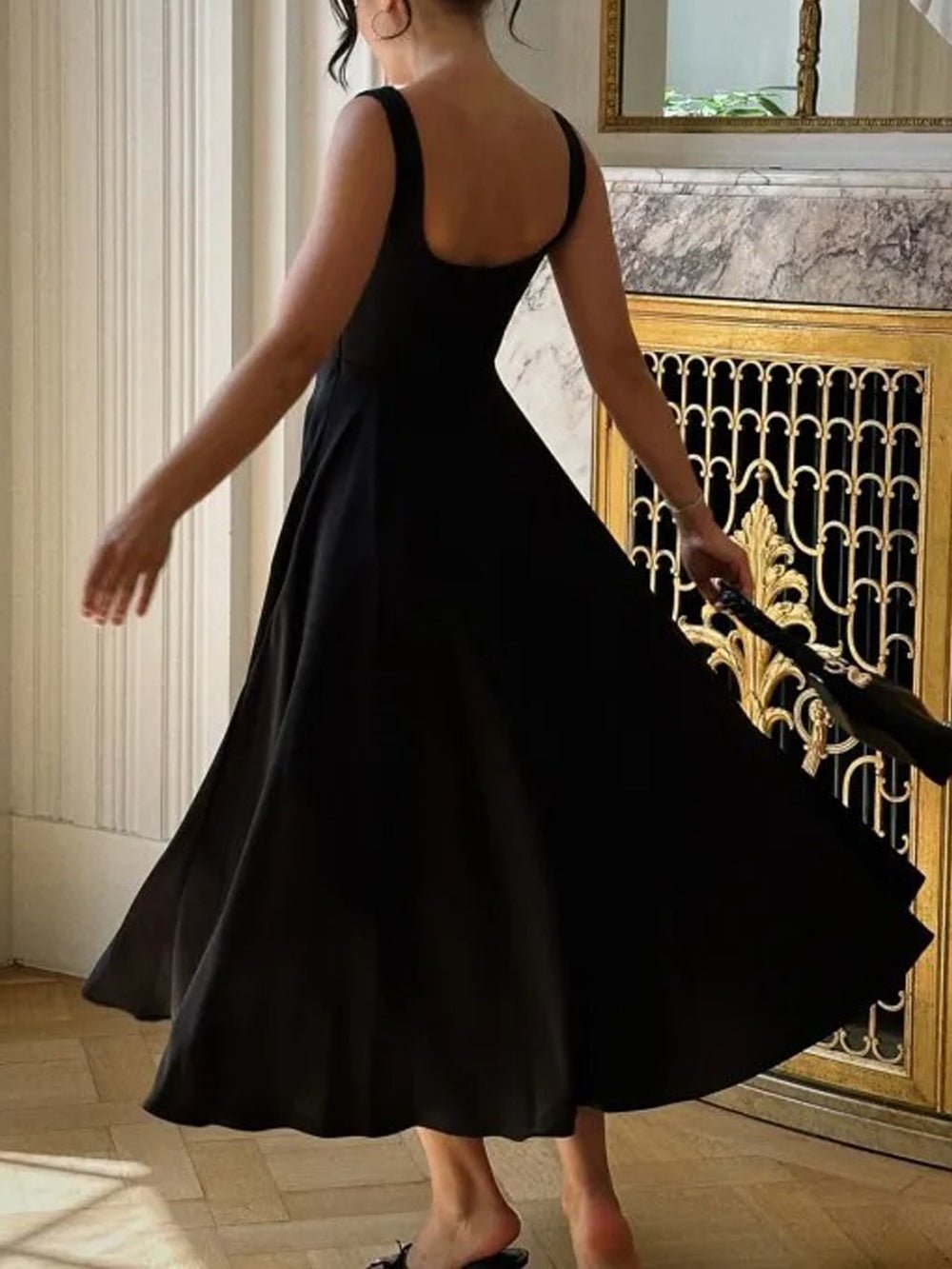 Square Neck Basque Waist Fit and Flare A-Line Maxi Dress