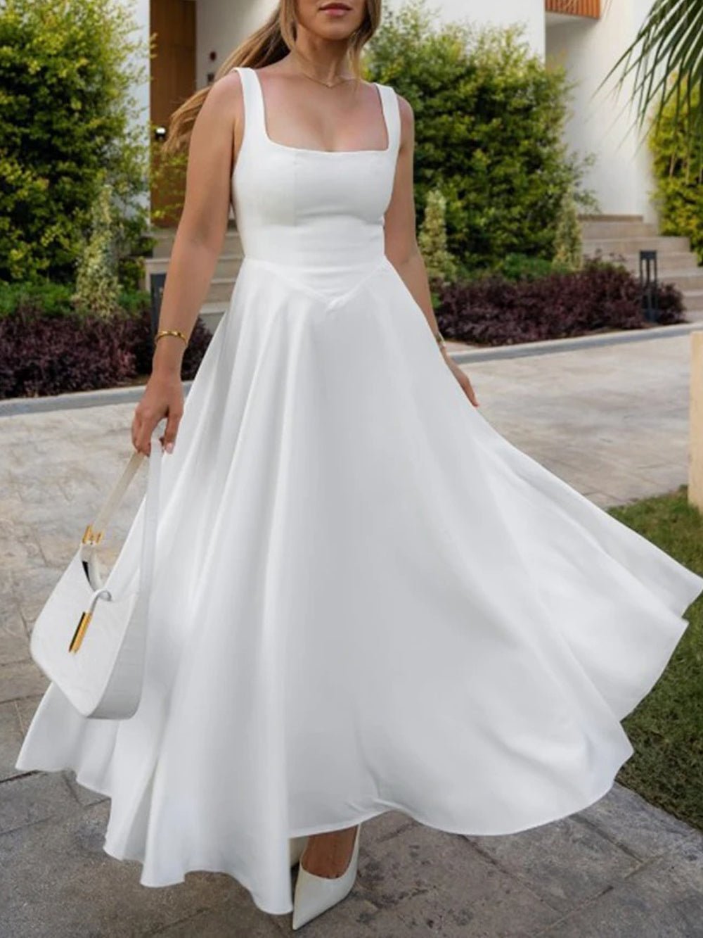 Square Neck Basque Waist Fit and Flare A-Line Maxi Dress