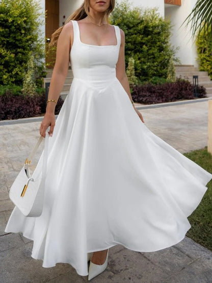 Square Neck Basque Waist Fit and Flare A-Line Maxi Dress
